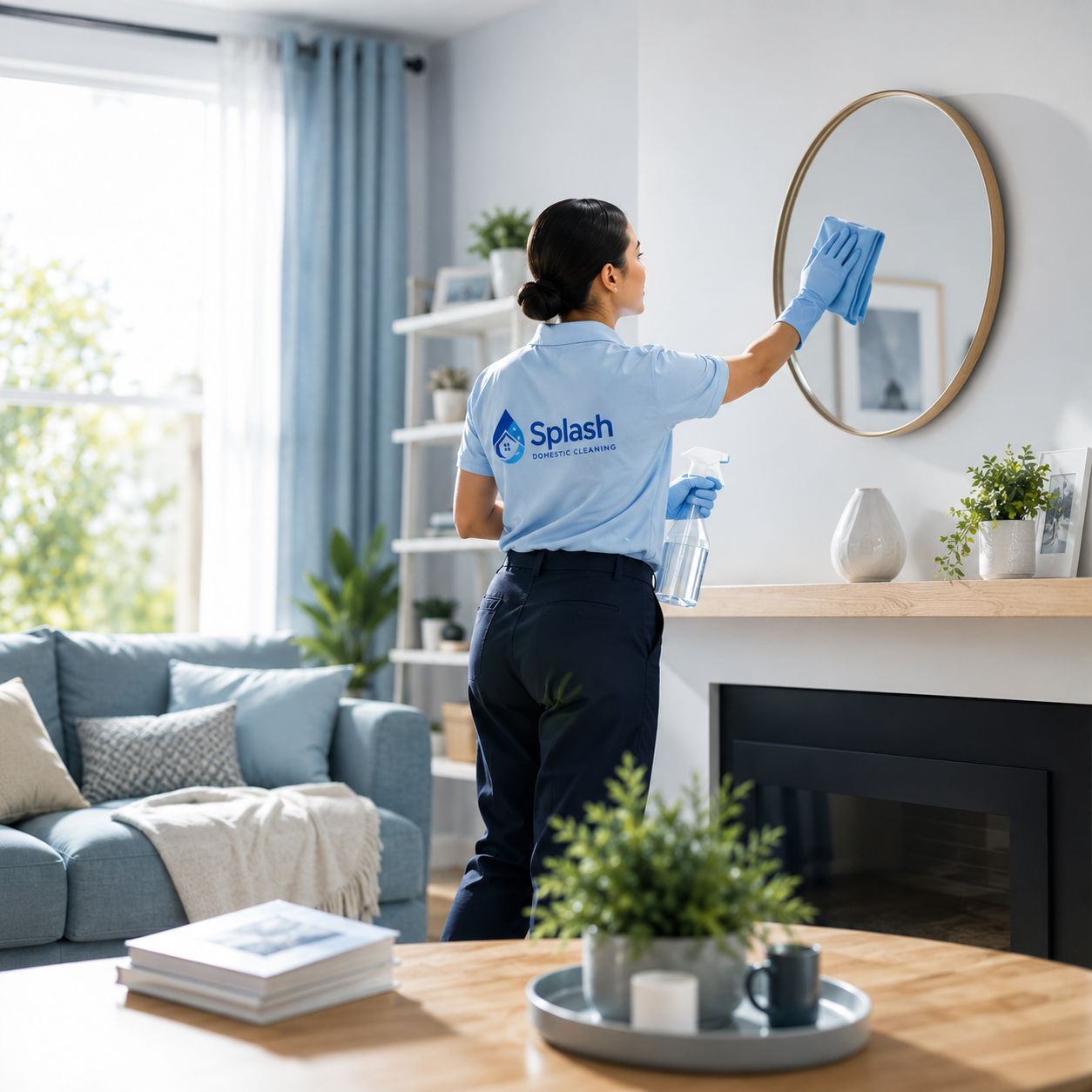 Splash cleaner tidying a bright London living room